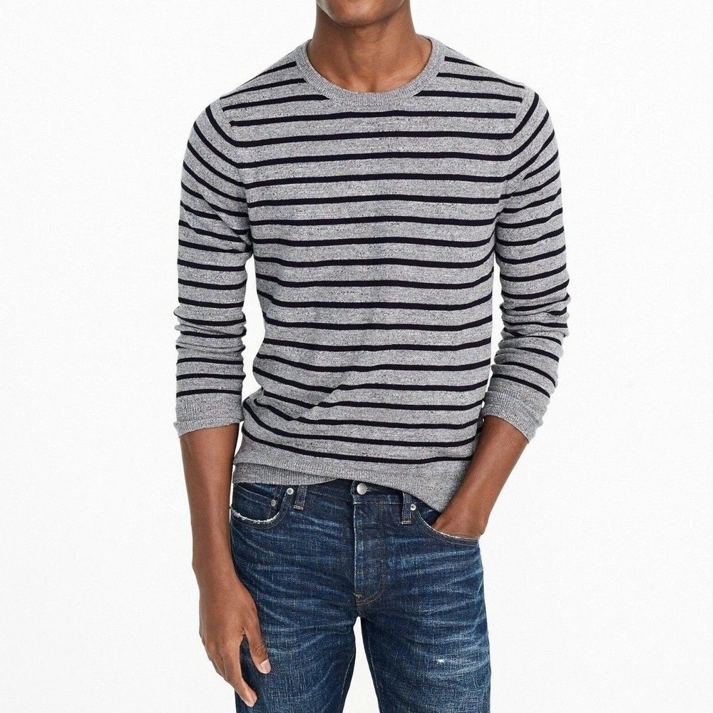 J Crew Mens Rugged‎ Striped Crewneck Sweater XL Pewter Gray Cotton Blokecore 90s